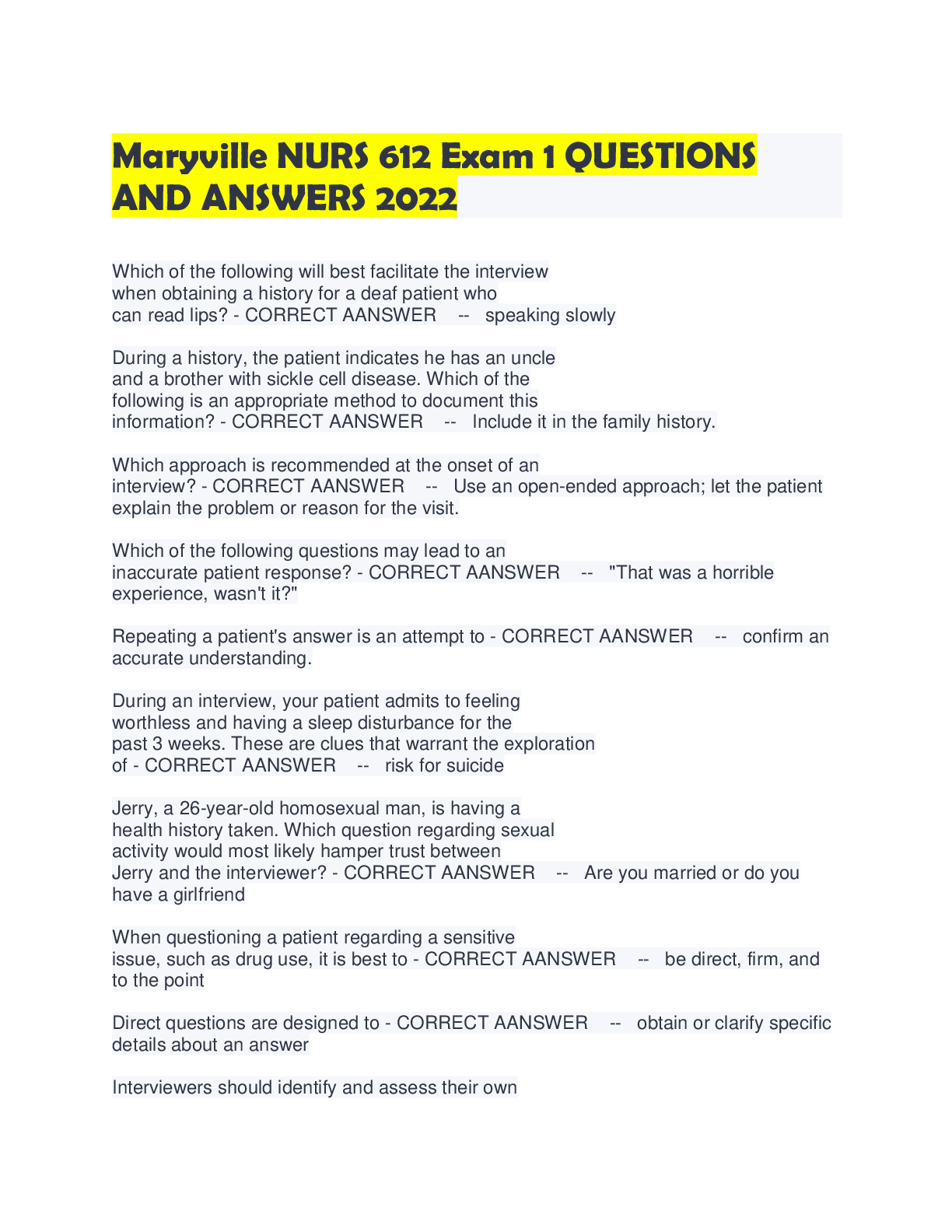 Preview image for Maryville NURS 612 Exam 1 QUESTIONS AND ANSWERS 2022